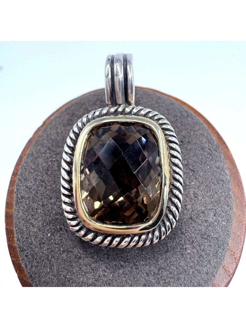 VTG Sterling Silver 925 Faceted Smoky Quartz Rope Border Pendant Size 1" Length